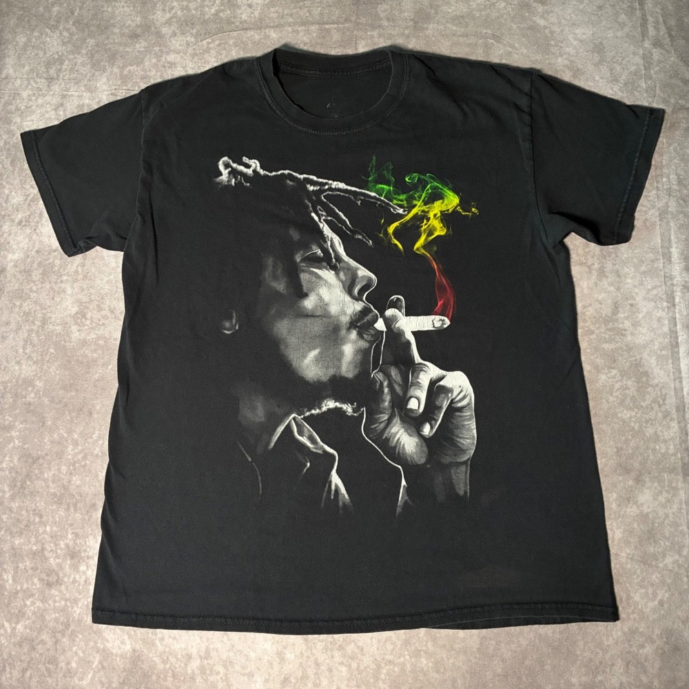 Zion Rootswear Bob Marley Graphic T-Shirt Black Rasta Smoke Mens Large